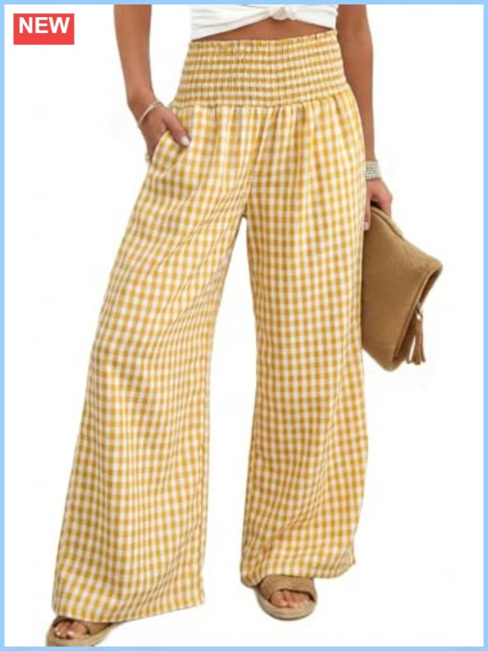 Dokotoo Striped Gingham Pants Women's Wide Leg High Waist with Pockets